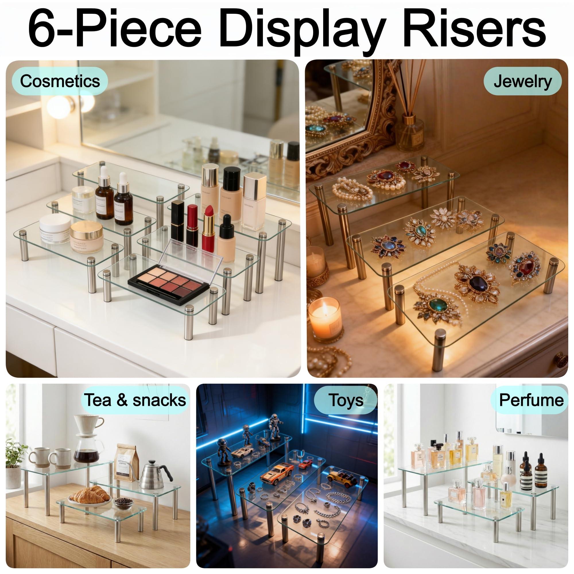 FESTLOVE 6 Pack Tempered Glass Display Stands Set, 13 Inch Rectangular Cake Cupcake Stand Dessert Display Riser Serving Platter Plate for Decoration Table Party Wedding Baby Shower