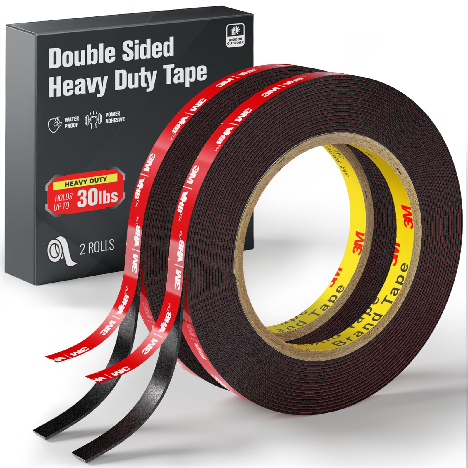 Photo 1 of 2 Pack Double Sided Heavy Duty Tape, Made of 3M VHB Tape, 16.5 FT × 0.39 IN Mounting Adhesive Foam Tape Waterproof High Temperature Resistant for Automotive LED Strips Home Office Decor Indoor Outdoor