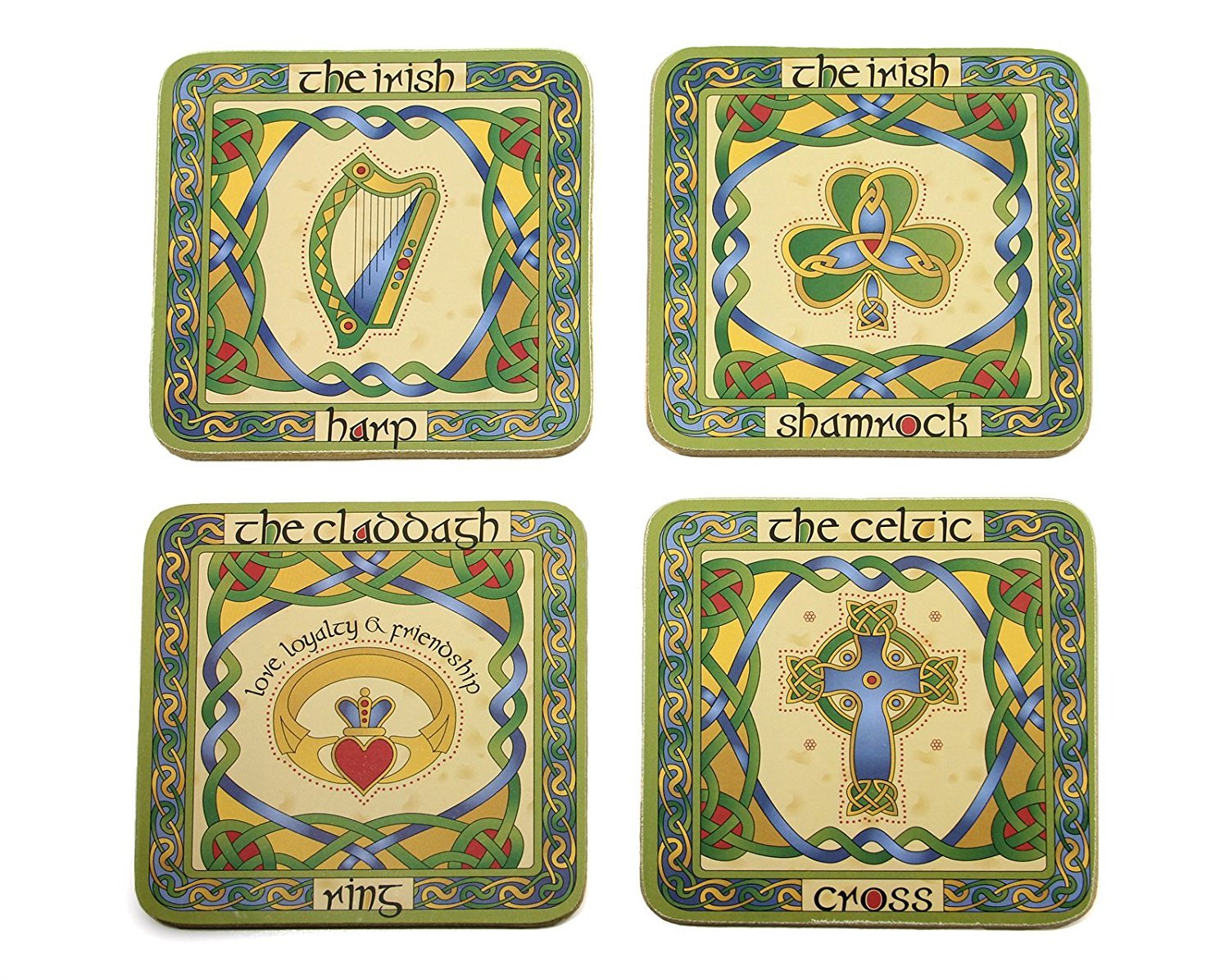 Royal Tara Cork Base Coasters Set of 4 with Shamrock, Claddagh Ring, Celtic High Cross and Irish Harp Design (10.5 x 10.5 cm)