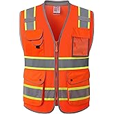 JKSafety 9 Pockets Hi-Vis Safety Vest Breathable Mesh Fabric Cushioned Collar Work Utility PPE Lightweight Industrial Work Gear ANSI/ISEA compliant (101-Orange L)