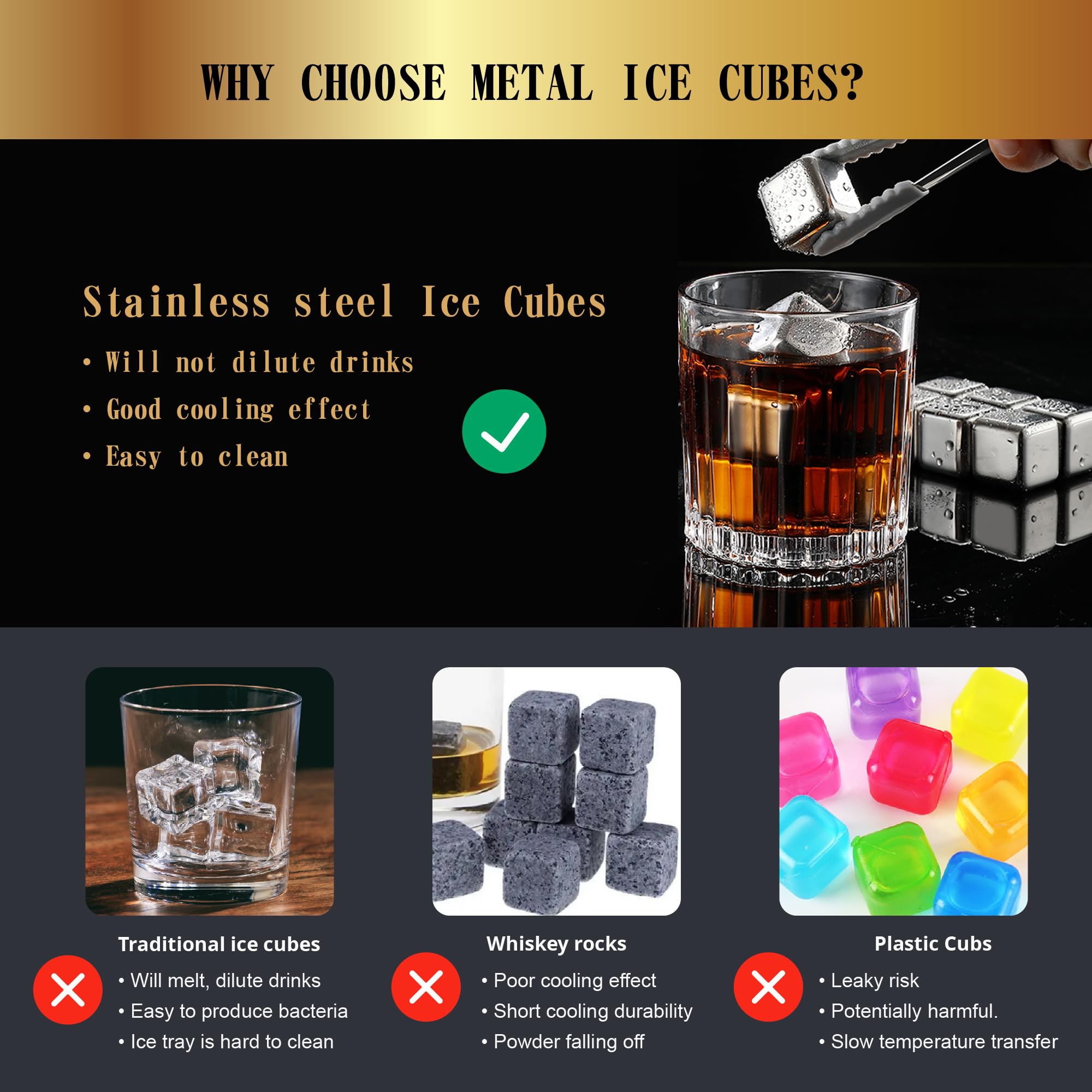 16 Pack Reusable Stainless Steel Ice Cubes for Drinks - Metal Whiskey Stones, High Cooling Technology, for Whiskey, Vodka, Liqueurs, Wine, Beverage Juice or Soda, Pack of 16