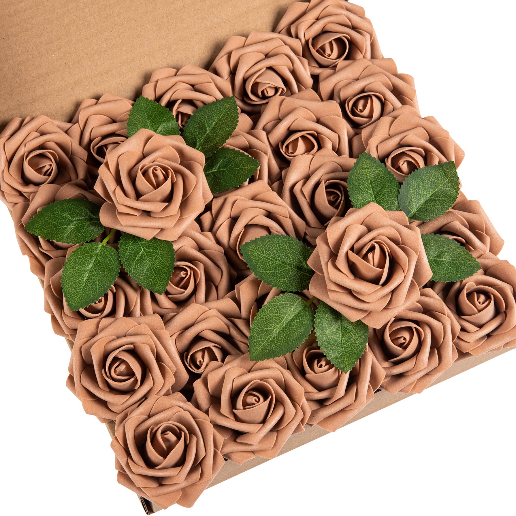 DuHouse 25Pcs Artificial Roses Flowers Fake Rose with Stems Real Touch Foam Flower Head for DIY Wedding Bridal Bouquet Baby Shower Centerpiece Floral Arrangement Party Home Decor(Coffee)