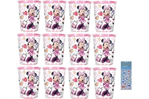 Unique Minnie Mouse Birthday Party Supplie Bundle Pack includes 12 Plastic Reusable Cups and 1 Dinosaur Sticker Sheet