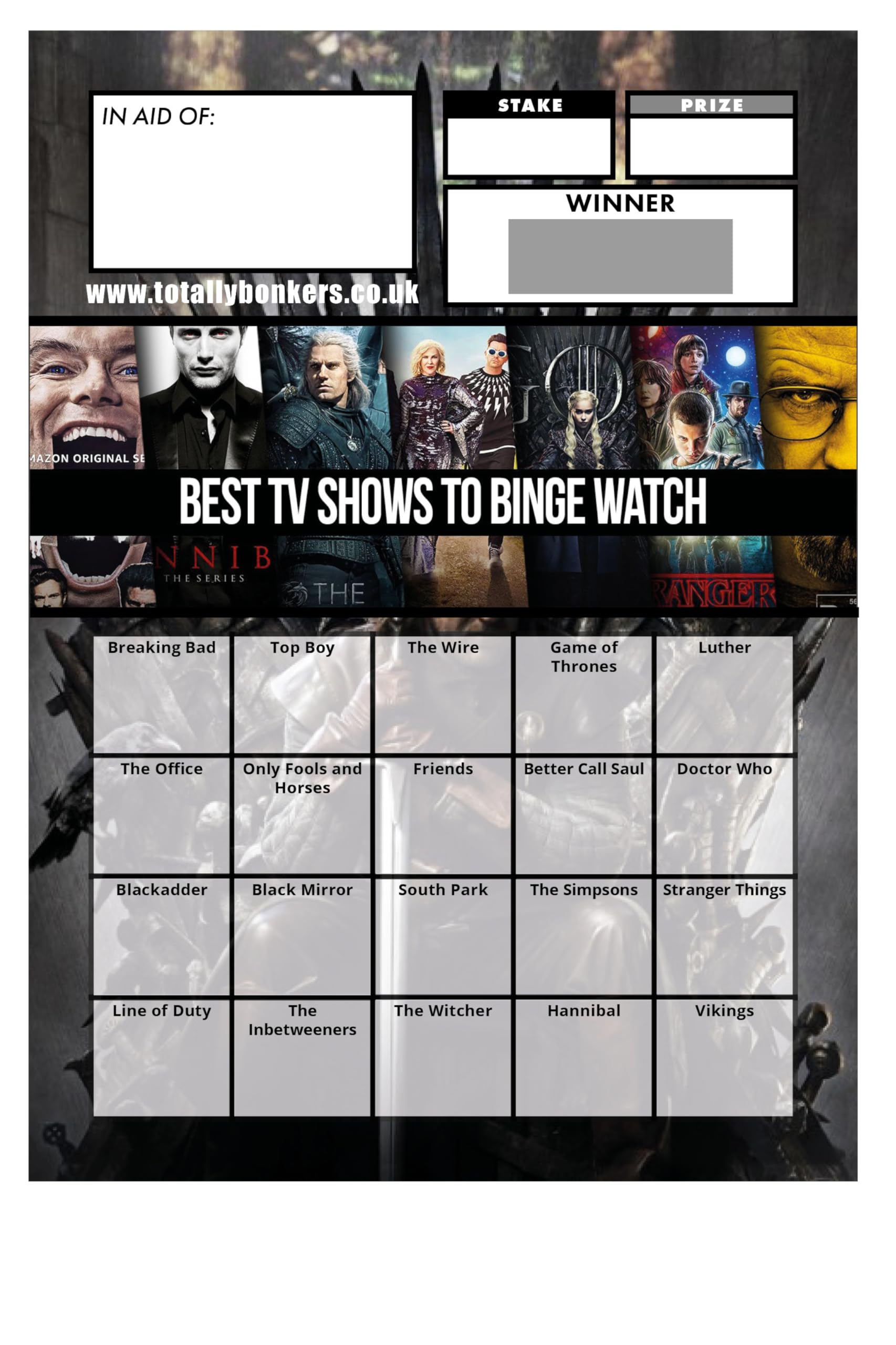 Totally Bonkers - TV Series Binge Watch Scratch Cards - 20 Square - A6 (148x105mm) - 10 Pack - TB0112 - Blind Cards