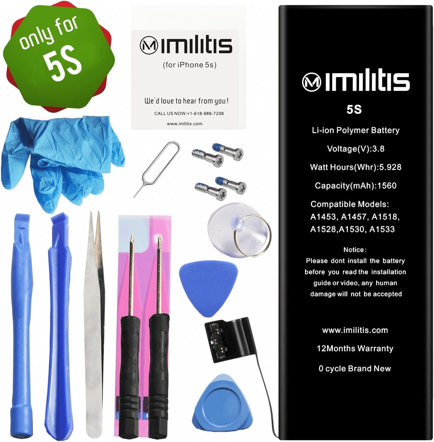 IMILITIS Replacement Battery for iPhone 5s with Free Repair Tools Kits & Instructions - Model A1453|A1457|A1518|A1528|A1530|A1533-0 Cycle USA TI Chip - 18 Months Warranty…
