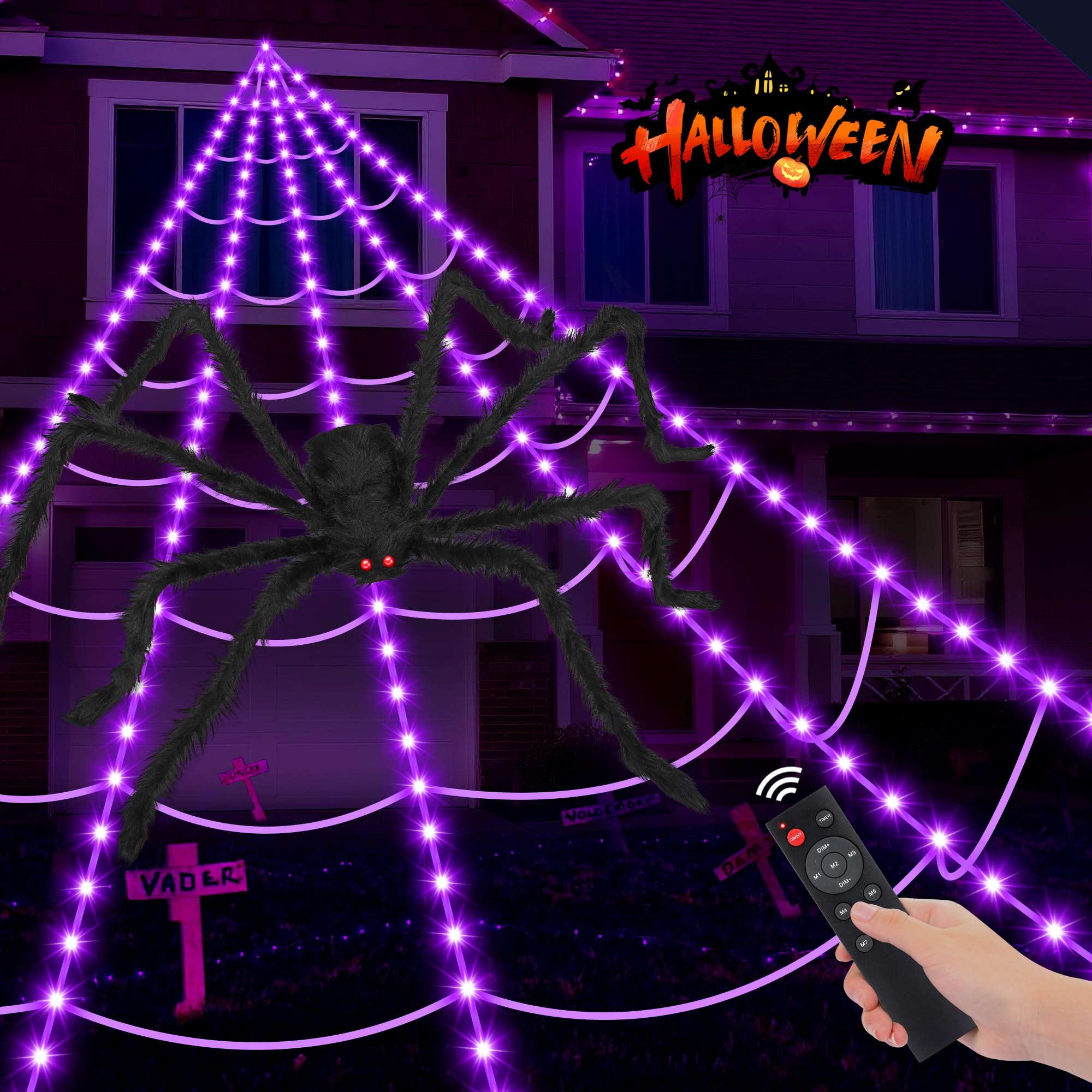 Photo 1 of Halloween Spider Web Lights 250 LED: 19.68Ft Outdoor Web Halloween Decorations with Purple Lights - Halloweens Decor Light with 8 Modes Waterproof & Timer for Outdoor Indoor Yard Haunted House