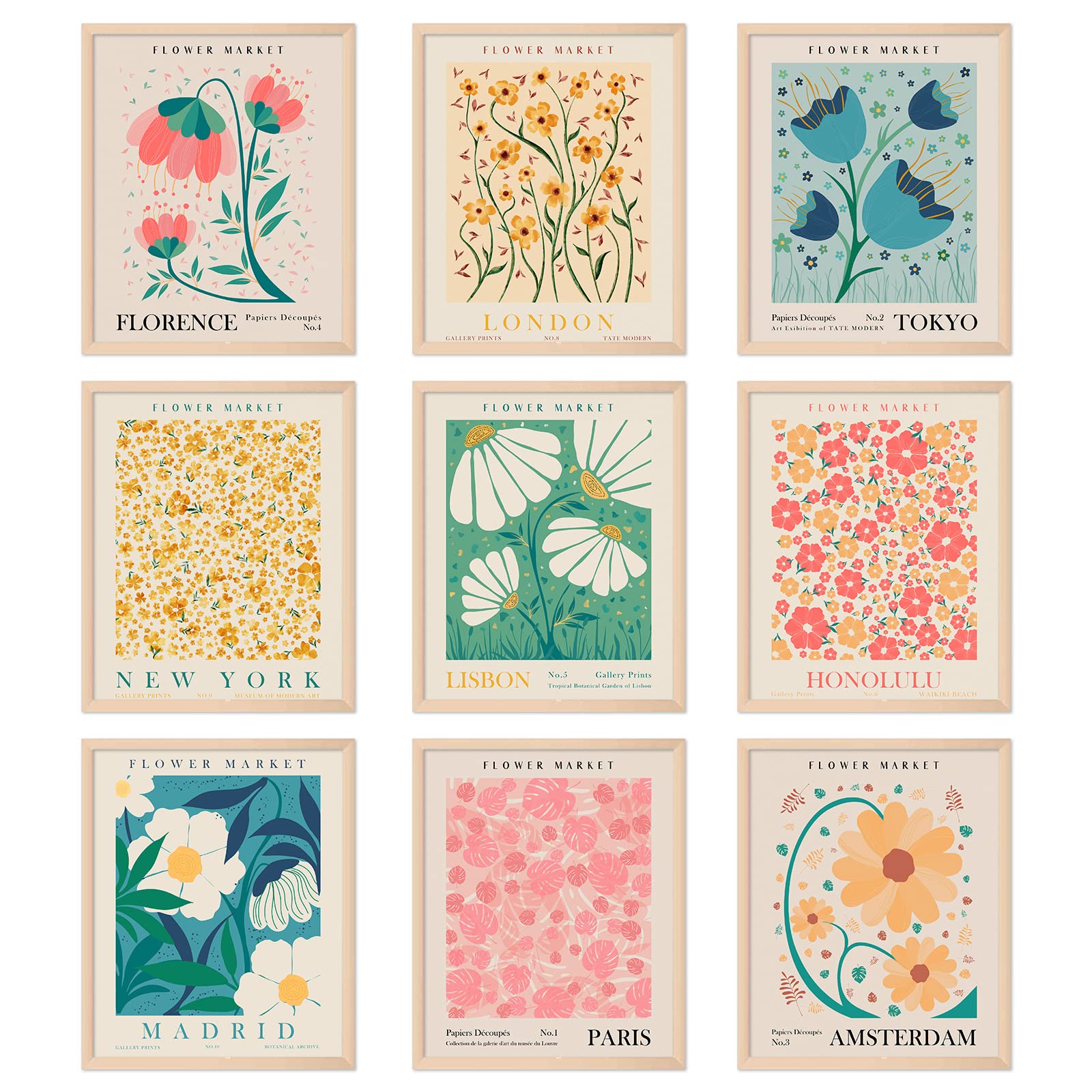 AnyDesign 9pcs Flower Market Wall Art Prints - Matisse Art Poster Decor - Floral Drawing Posters - Colorful Floral Room Decor for Gallery, Living Room, Bathroom (NO FRAME 11x14)