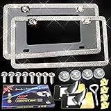 AOOTF Bling License Plate Frames - Glass Crystal Diamond Metal License Plate Frame Slim Stainless Steel License Plate Covers