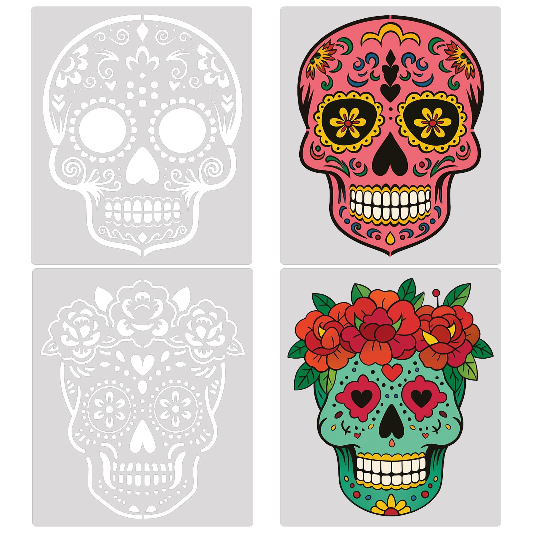 Photo 1 of 4pcs 12inch Sugar Skull Stencil Large Day of The Dead Painting Template Flower Pattern Skull Stencil Decoration for Holiday Halloween DIY Craft Wood Painting
