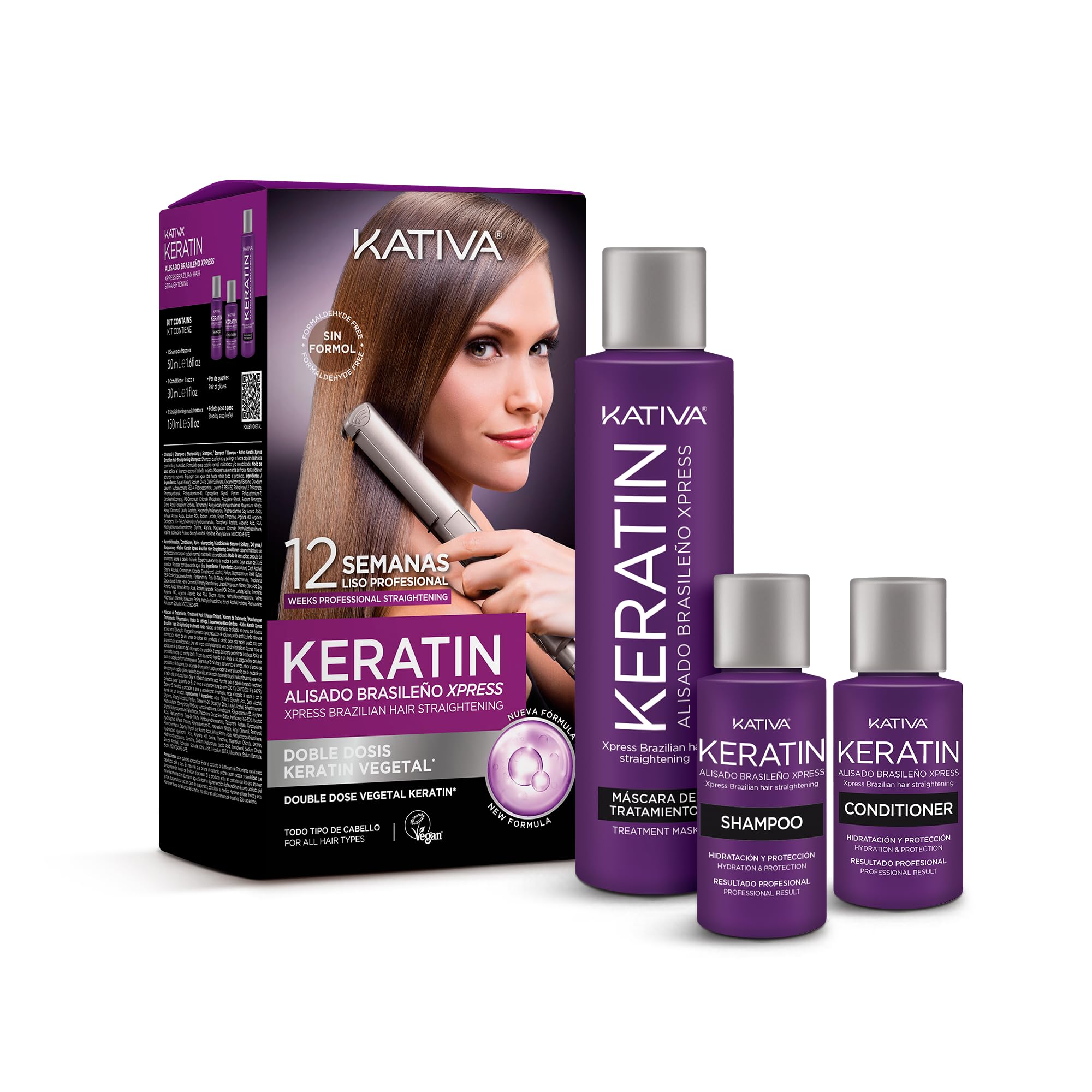 KATIVA Keratin Brazilian Straightening Xpress with Double Keratin, Formaldehyde Free, Anti-Frizz Hair Treatment, Smooth Result Up to 10-12 Weeks