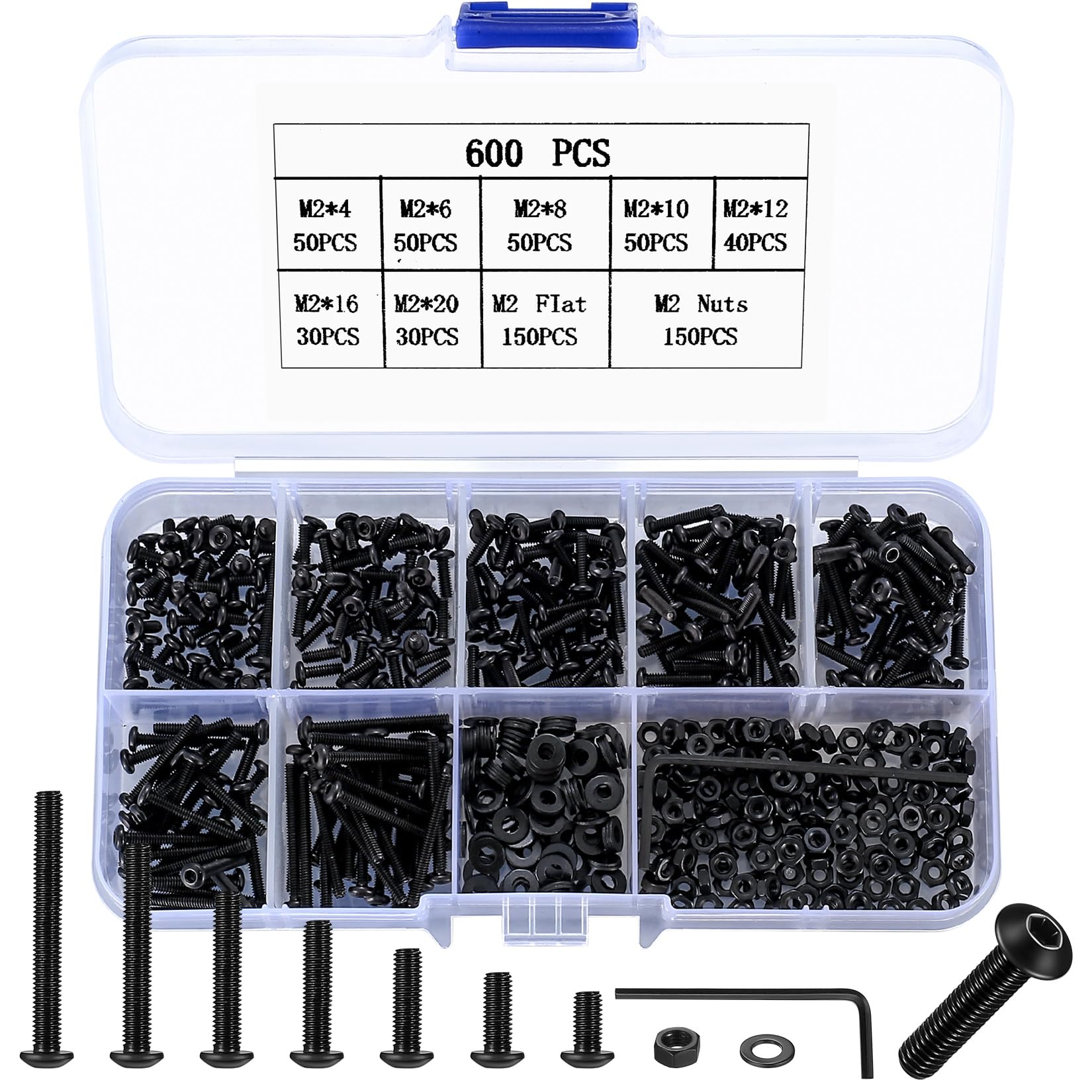 600 Pcs M2 Bolts Set, M2 Nuts and Bolts Set, Hex Socket Button Head Cap Screws Bolts and Nuts Set with Washers, Round Head Hex Head Machine Screws Bolts Assortment Kit, Black Bike Bolts, with Box