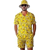 VUGOTU Men's 2 Piece Tracksuit 80s 90s Outfit Button Down 80s Shirts and Shorts Sets with Bucket Hats
