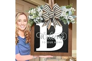 YOSTYLE 2024 New Last Name Year Round Front Door Wreath with 26 Initial Letter Welcome Sign, Eucalyptus Garland, and Bow | Spring Wreaths for Front Door Decor | Outdoor Hanger Garland (B)