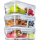 [3 Pcs] Glass Meal Prep Containers Glass 2 Compartment - Glass Food Storage Containers - Glass Storage Containers with Lids - Divided Glass Lunch Containers Food Container - Glass Food Containers 25oz