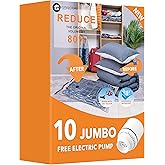 10 Jumbo Vacuum Storage Bags with Electric Pump, Space Saver Bag for Clothes, Mattress, Blanket, Duvets, Pillows, Comforters, Travel
