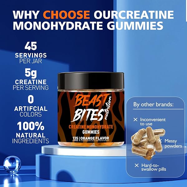 BEAST BITES NUTRITION CREATINE MONOHYDRATE GUMMIES FOR MEN & WOMEN – 5G OF CREATINE MONOHYDRATE PER SERVING – SUGAR FREE,VEGAN, ORANGE FLAVOR, 135 COUNT (45 SERVINGS).