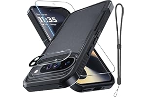 RMOCR Case for Google Pixel 9 Pro XL, Full Body Heavy Duty Rugged Shockproof Protective Phone Cover with Lanyard Strap, Tempered Glass Screen Protector and Camera Lens Cover, Black Matte