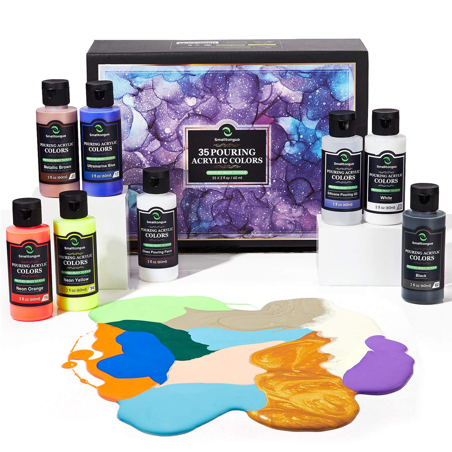 Smalltongue 35 Colors Acrylic Pouring Paint(60ml/2oz Bottles)，Premium Pre-Mixed Ready to Pour High F