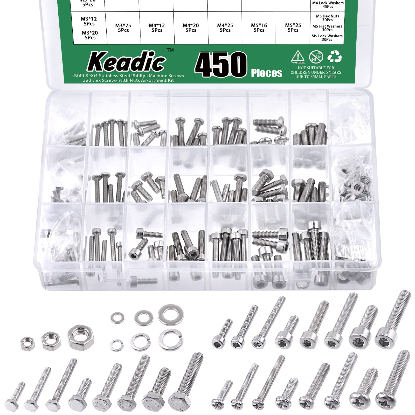 Keadic 450Pcs M3 M4 M5 304 Stainless Steel Bolt Nut Screw Washer Hardware Assortment Set Contains Pan Phillips Screw Hex Nuts, Socket Head Cap Screws, Flat & Lock Washers Fully Thread Machine Screws
