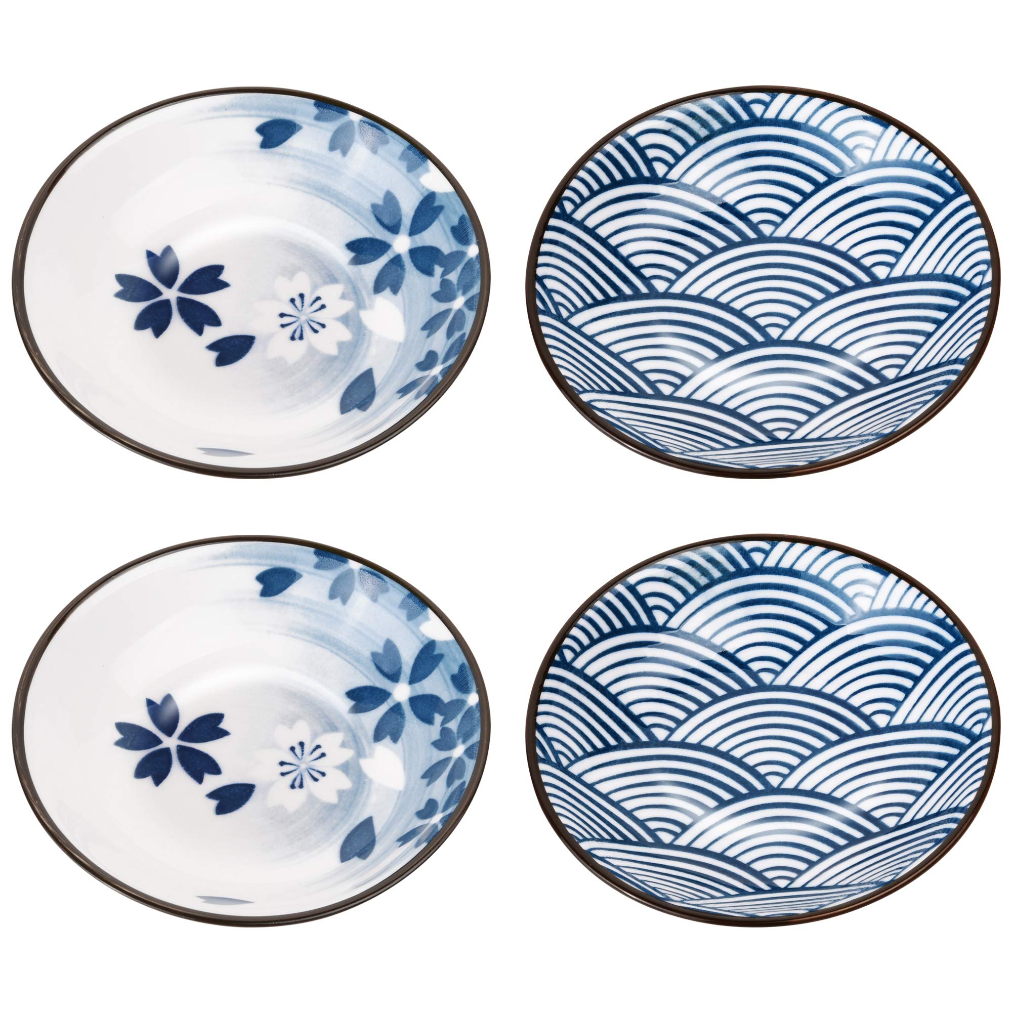 Beautyflier Set of 4 Ceramic Sauce Dish Soy Sauce Dipping Bowls Appetizer Plates Side Dishes Serving Dish Japanese Style Dinnerware Set (WAVE&SAKURA(3.75inch))