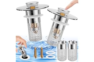 PUVIN 2 Pcs Bathroom Sink Drain Stopper - Pop Up Drain Plug with 4 Replacement Filters Basket, Removable Stainless Steel Floor Drain Filter, Anti Clogging Sink Strainer Hair Catcher for Washroom (Silver)