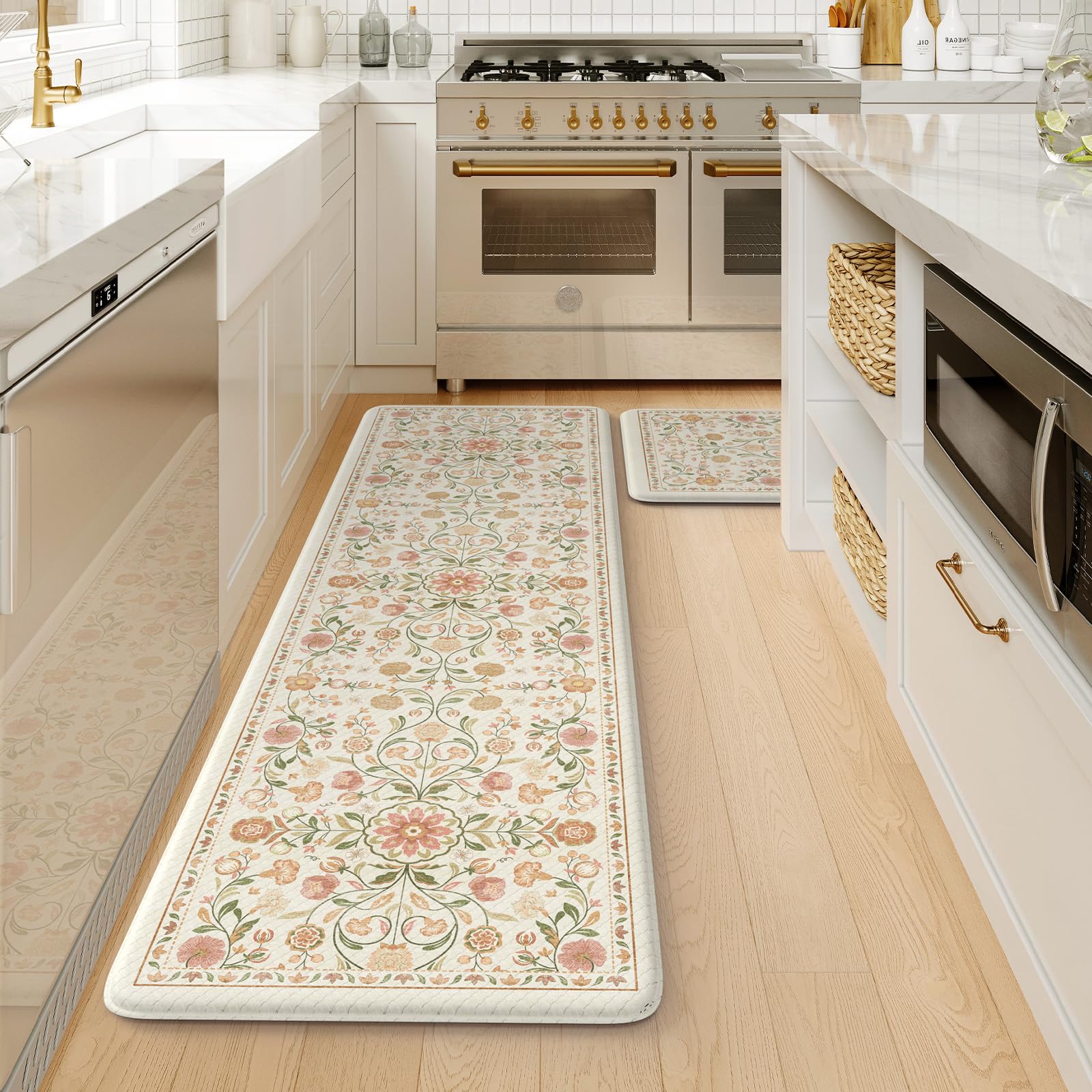 Photo 1 of KIMODE Cushioned Kitchen Floor Mats Cushioned Anti Fatigue,Farmhouse Boho Floral Kitchen Runner Rug 2 Piece,Long Memory Foam Standing Carpet for Laundry Sink Office,Beige