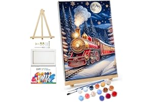 JOOZ Paint by Numbers Kit for Adults with Frame Christmas Train Paint by Number with Easel Moon Adult Paint by Number Kits DIY Christmas Tree Oil Painting Kits for Gift Home Wall Decor 8x12 Inch
