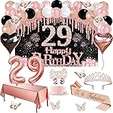 29th Birthday Decorations for Women, 49pcs Black Rose Gold Black Happy 29th Birthday Banner, Tablecloth, Butterfly Decor, Sash and Tiara, Cake Topper, Candles, Balloons Arch