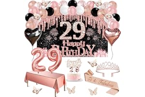 29th Birthday Decorations for Women, 49pcs Black Rose Gold Happy 29th Birthday Banner, Tablecloth, Butterfly Decor, Sash and 