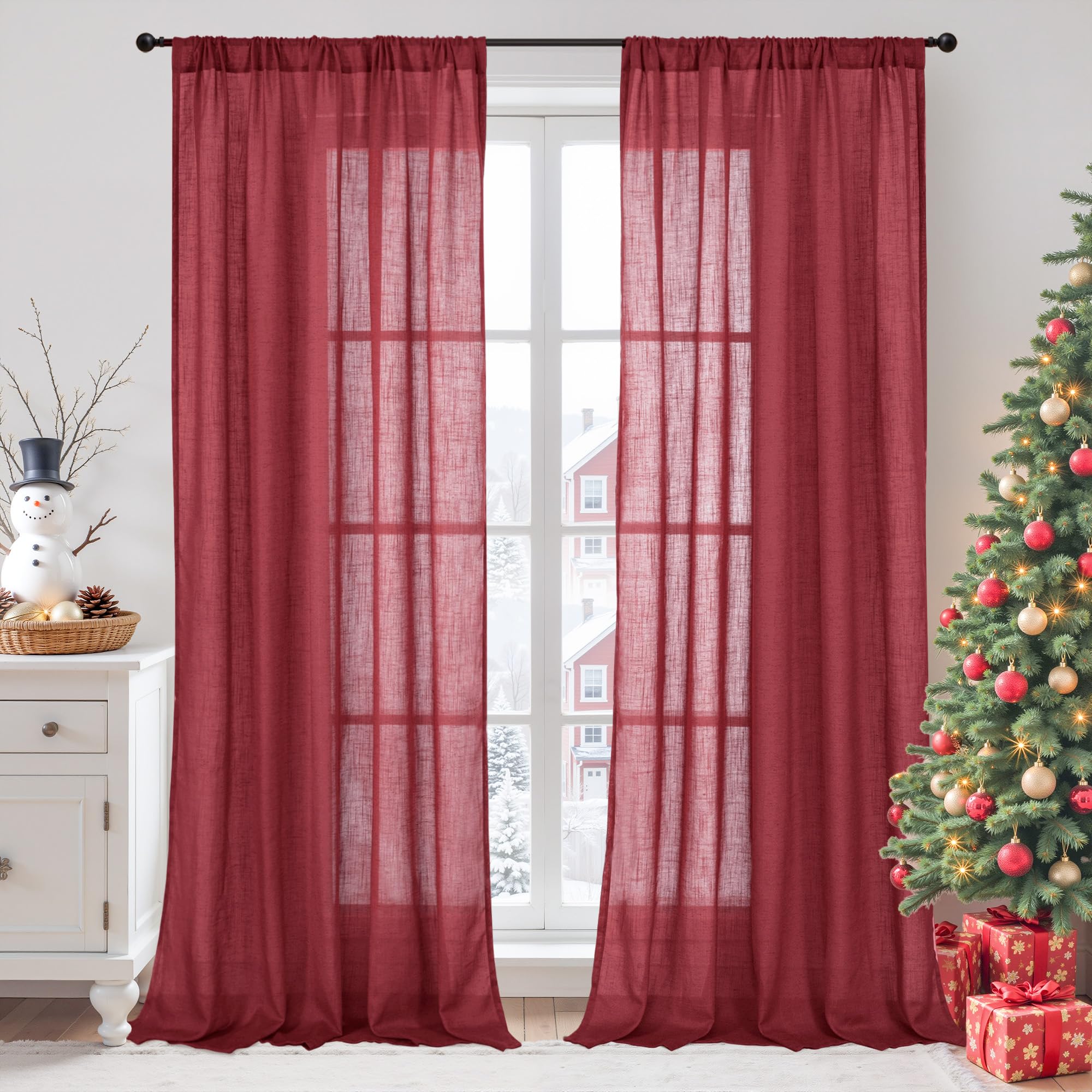 BGment 96 Inches Long Linen Curtains for Living Room, Semi Sheer Burgundy Window Drapes Textured for Farmhouse Bedroom Dining Christmas Decor with Rod Pocket Lightweight, 2 Panels, Each 52 Inch Wide Image