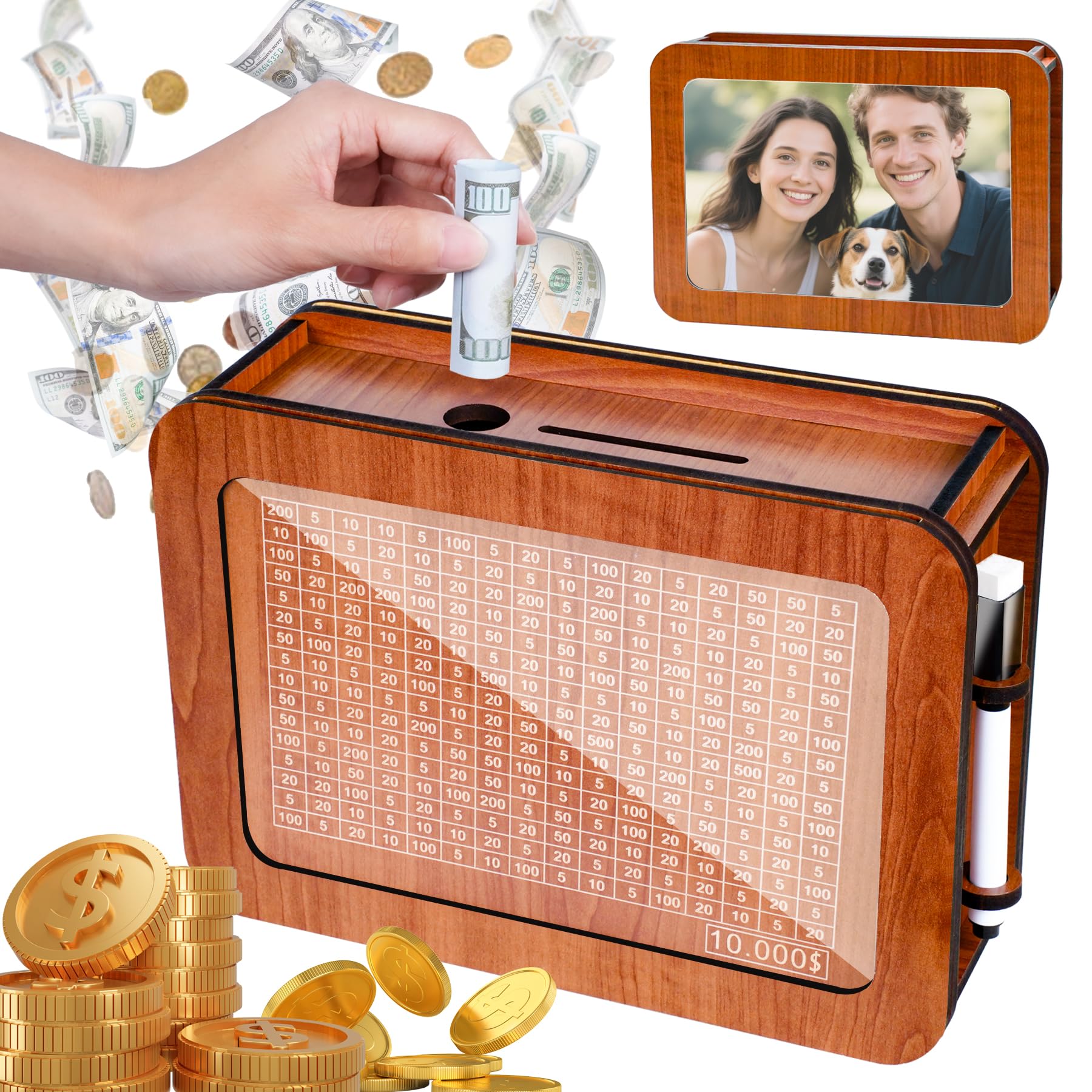 Photo 1 of 10k Savings Challenge Box, Upgraded Cash Vault with Photo Frame & Savings Tracker, Motivational Wooden Money Box for Adults Kids