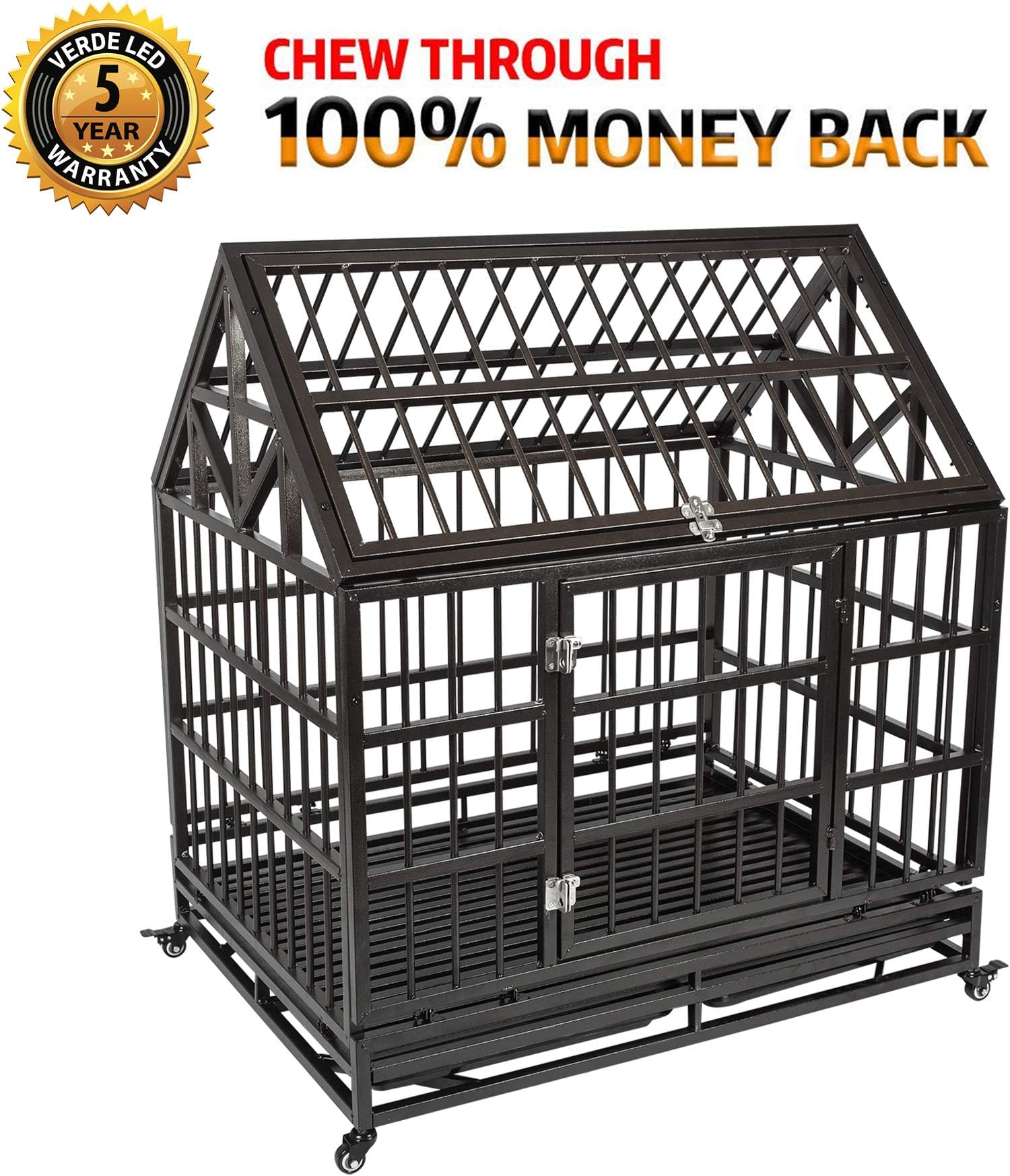 Gelinzon Roof Dog Crate Heavy Duty Large Homestead Serise Dogs Cage Kennel with Patent Lock, Tray and Wheels, 42''/Black (Update)