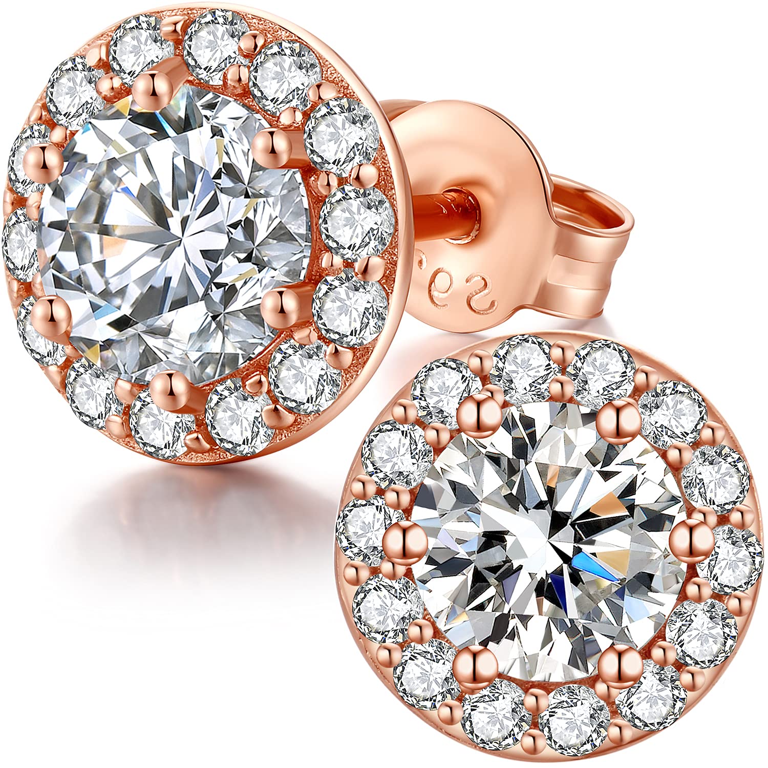 Men Earrings Stud Diamond Earrings Cubic Zirconia Earrings Halo Stud Earrings Sterling Silver Cubic Zirconia Studs 10mm Sterling Silver Diamond Earrings CZ Silver Studs Rose Gold Halo CZ Earrings