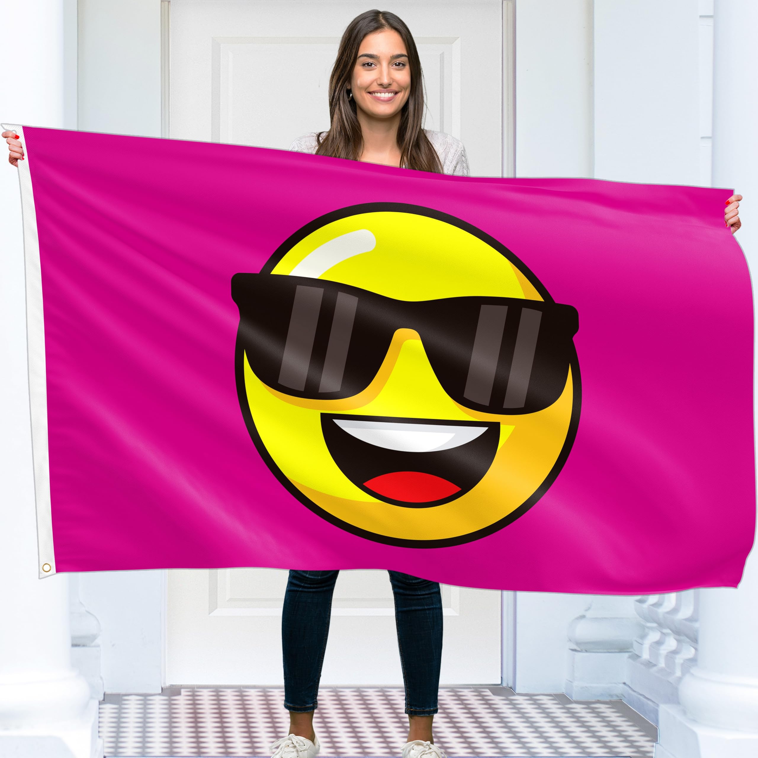 Pink Smiley Face Flag – Funny Flag – Smiley Face Sunglasses Banner - 110D polyester - Double Seam - 4 brass eyelets, large 5ft x 3ft