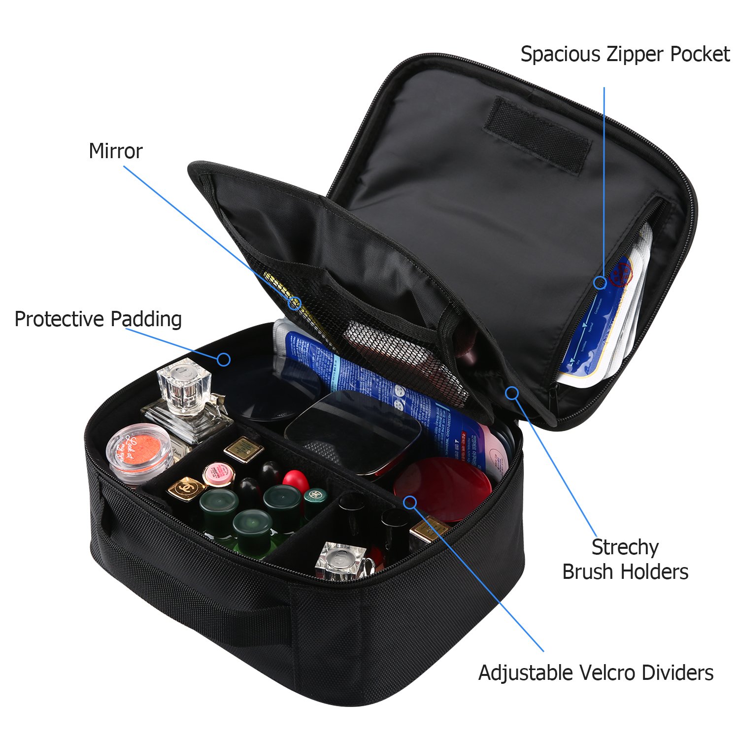 Travel Makeup Train Case, Professional Cosmetic Bag Portable Toiletry Bags with 3 Layers Adjustable Divider for Women Girls