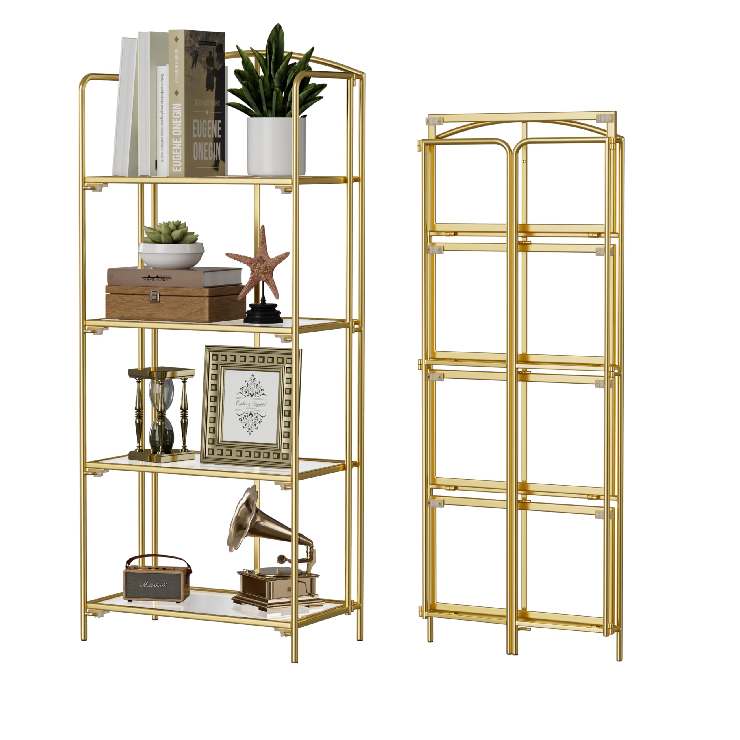 Photo 1 of Crofy No Assembly Folding Bookshelf for Living Room, 4 Tier Gold Collapsible Book Shelf for Home Office, Portable Bookcase Storage Organizer