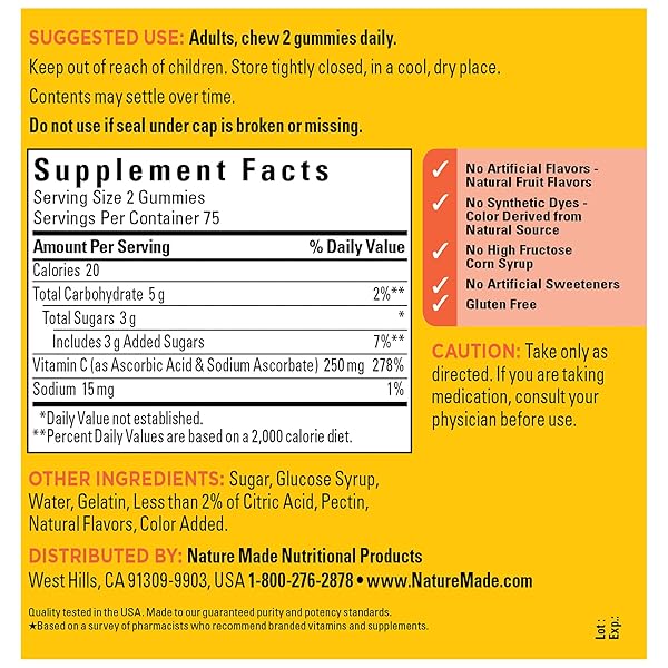 NATURE MADE VITAMIN C 250 MG PER SERVING, DIETARY SUPPLEMENT FOR IMMUNE SUPPORT, VITAMIN C GUMMIES FOR ADULTS, 150 GUMMIES, 75 DAY SUPPLY
