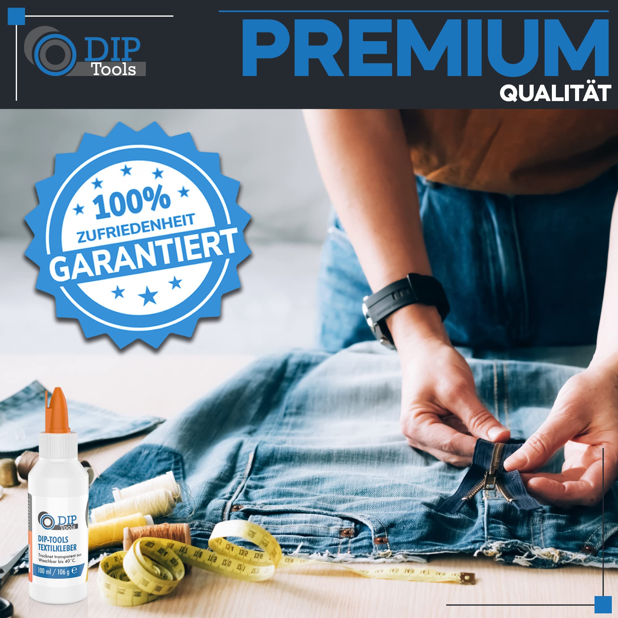 DIP-Tools Textilkleber Stoffkleber waschmaschinenfest 100ml I für Textilien Stoffe Polyester Jeans, Superkleber extra stark, transparent & wasserfest ohne Rückstände, geruchlos ohne Lösungsmittel 7