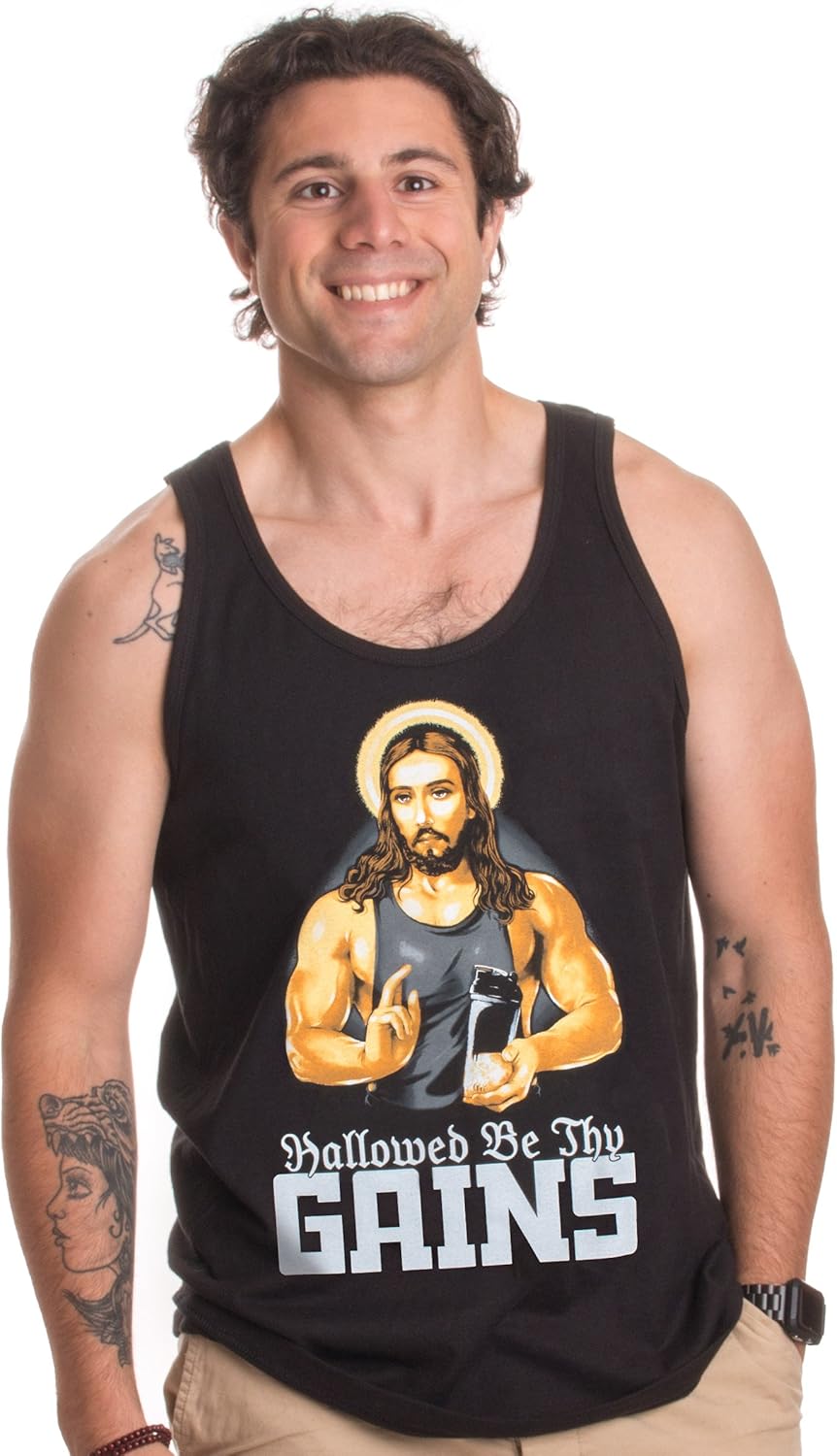 Hallowed Be Thy Gains | Funny Muscle Jesus Weight Lifting Workout Humor Tank Top: Clothing