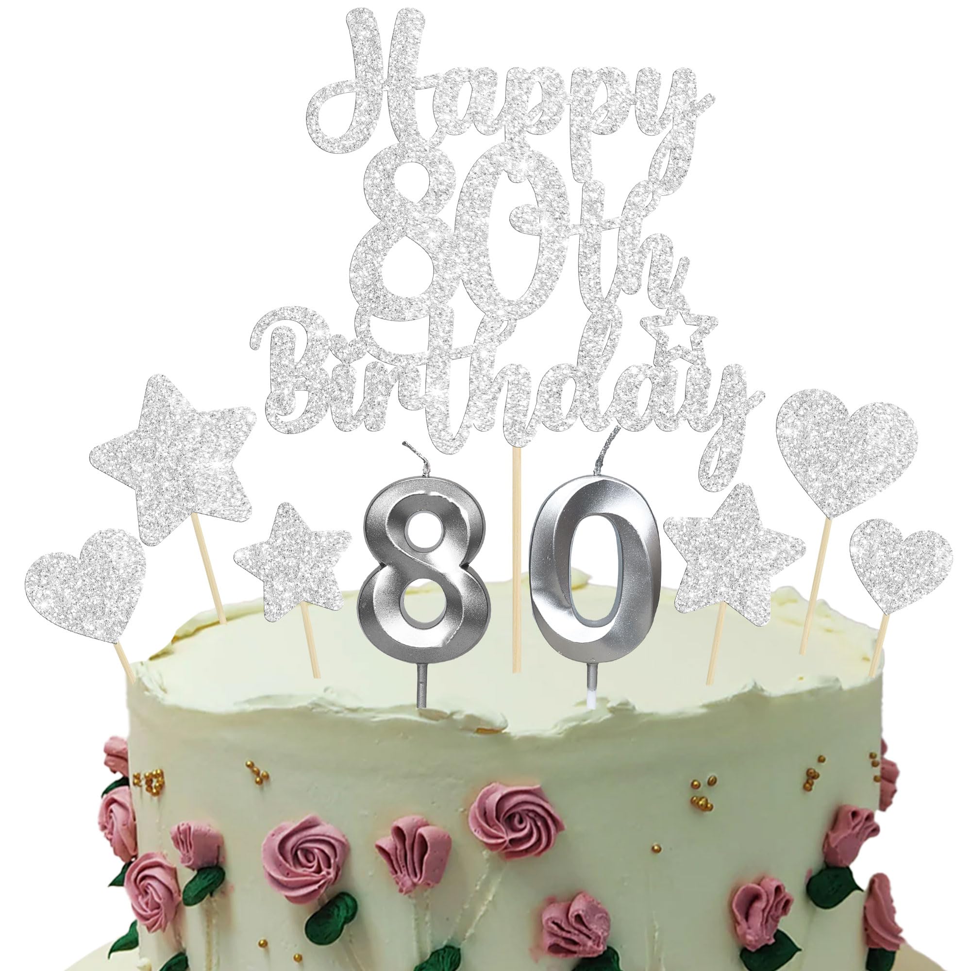 Gyufise 15Pcs Happy 80th Birthday Cake Topper Set with Heart Star Glitter Cheers to 80 Years Cake Picks Number 80 Candles Cake Decorations for Happy 80th Birthday Anniversary Party Supplies Silver โ image 1