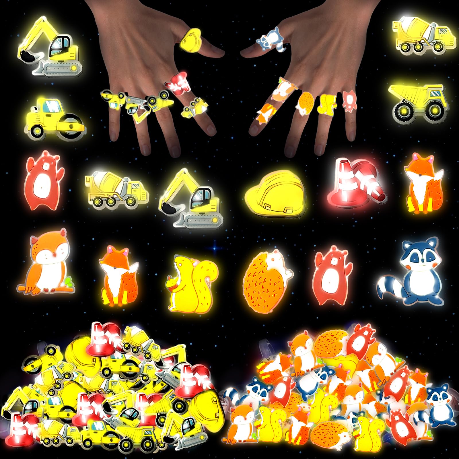 Photo 1 of 24 Pack Light up Rings Construction/ Woodland Party Favors for Kids, Goodie Bag Stuffers Glow in the Dark Party Supplies, Classroom Prizes Pinata Goodie Bag Stuffers Gift(Random Assorted Styles)