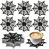 UPINS Halloween Spider Web Coasters Set of 6 Black Drink Cup Mats | Double Layer Non Woven Fabric,Home Kitchen Bar Housewarming Party,Absorbent Table Protection,4.3 Inch Halloween Supplies
