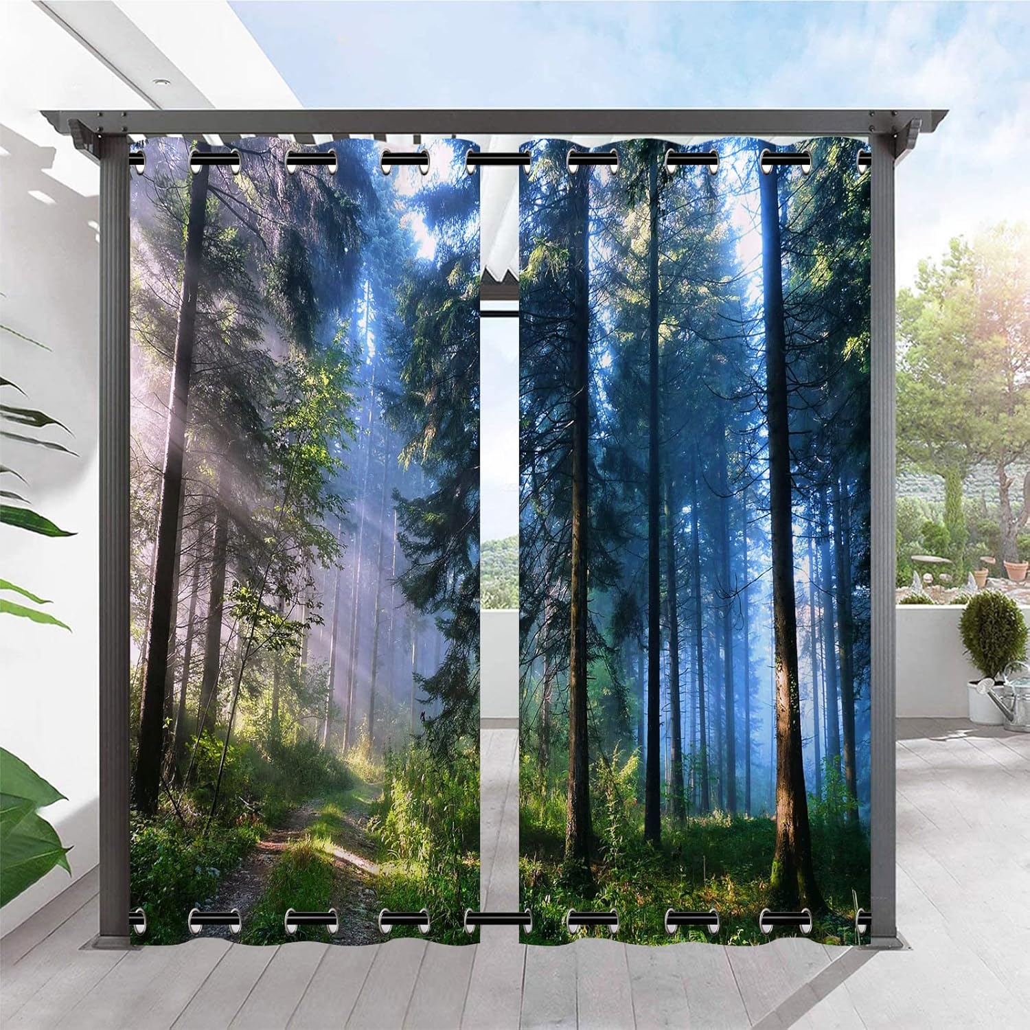Outdoor Curtains - ANHOPE Outdoor Curtains Waterproof Windproof Grommet Top & Bottom Curtains Nature Sunshine Forest Tree Print Pattern Outside Curtains for Patio Gazebo Pergola Garden Porch Pool 2 Panels 54 x 84 Inch