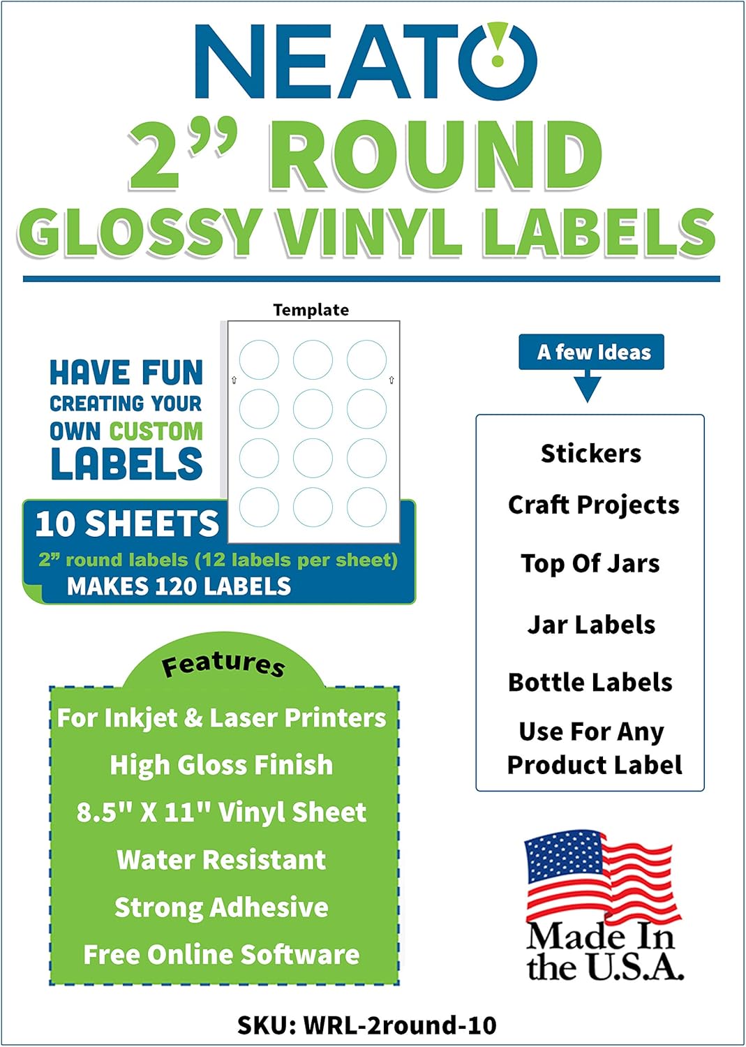 2 Inch Round Labels - White Circle Stickers - Glossy, Vinyl Waterproof Sticker Paper for Inkjet & Laser Printers - 10 Sheets, 120 Total Printable Round Labels - Includes Online Design Software
