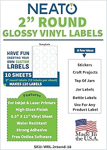 2 Inch Round Labels - White Circle Stickers - Glossy, Vinyl Waterproof Sticker Paper for Inkjet & Laser Printers - 10 Sheets, 120 Total Printable Round Labels - Includes Online Design Software
