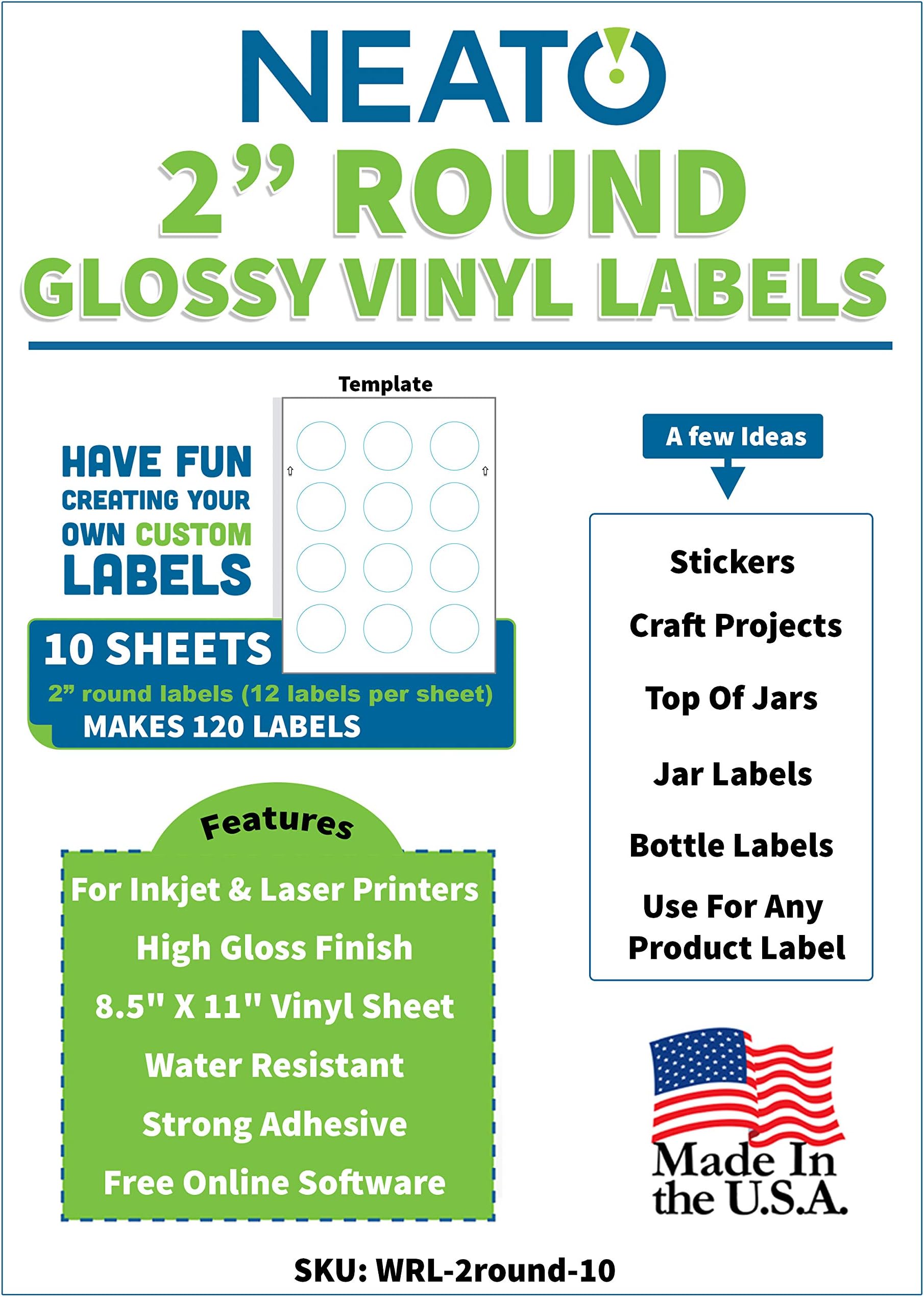 2 Inch Round Labels - White Circle Stickers - Glossy, Vinyl Waterproof Sticker Paper for Inkjet & Laser Printers - 10 Sheets, 120 Total Printable Round Labels - Includes Online Design Software