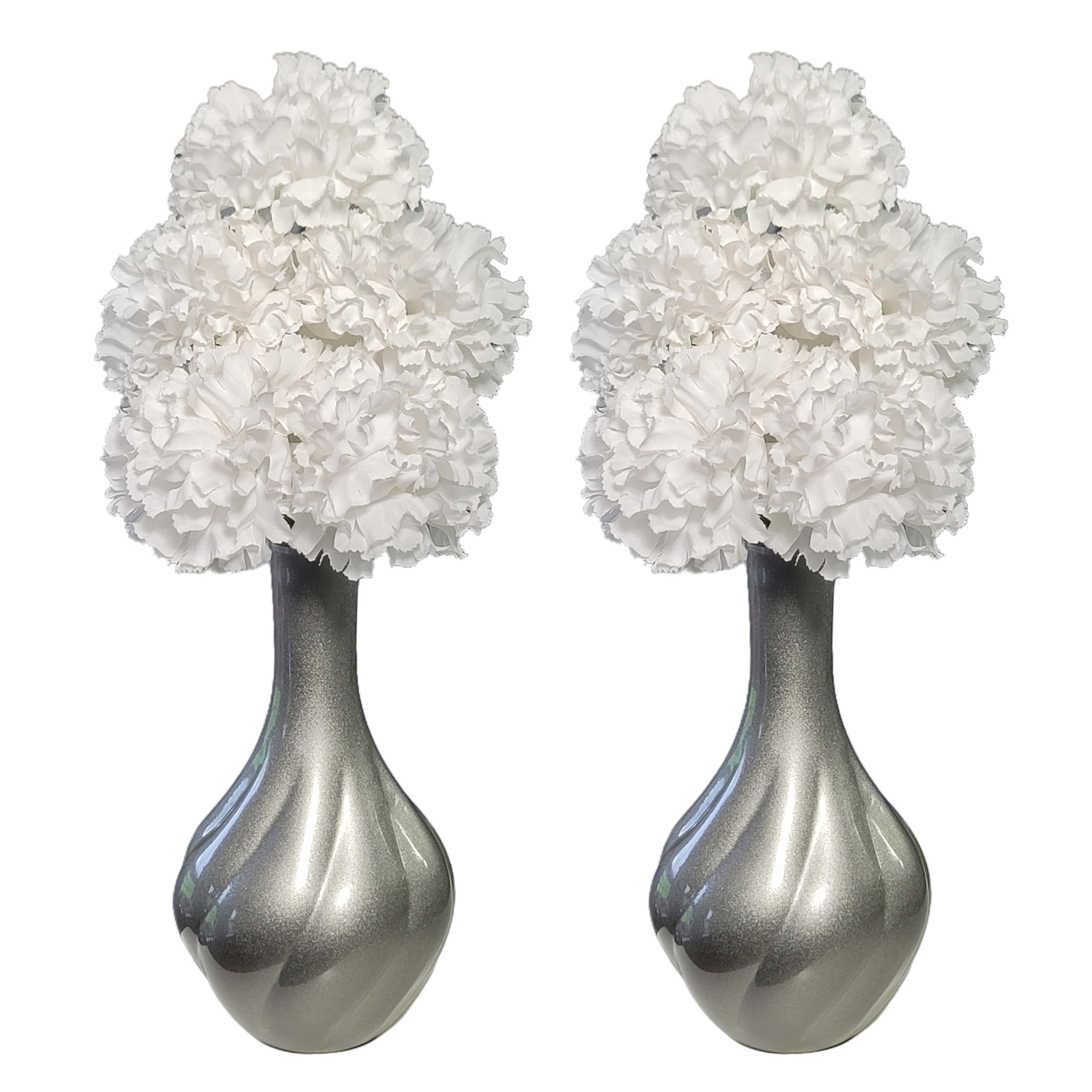 Flourish Vase with Artificial Flowers - Silver Grey White - Perfect for Home Decor and Living Room Decoration, Bedroom or Bathroom Ornament. Matching Pair.