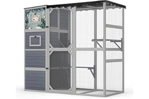 NYEEKOY Outdoor Cat Enclosure, 4-Tier Large Cat Catio with Weatherproof Roof, 2 Resting Rooms, 2 Platforms, Walk in Cat Cage Cat House Indoor, Grey, w/Painted Panel