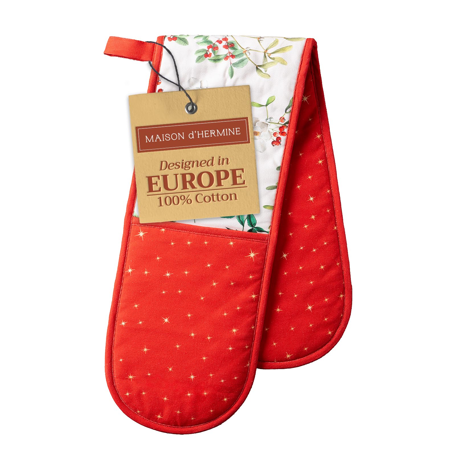Maison d' Hermine Double Oven Mitt (18 cm x 89 cm) 100% Cotton Heat Resistant BBQ Cooking Gloves with Loop for Christmas Decorations Baking Cooking Barbeque Handling Hot Pan (Noel) — image 1