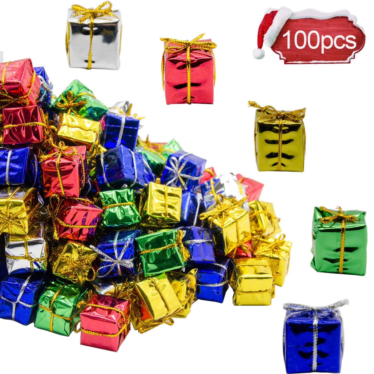 Photo 1 of 100 Pcs Christmas Shiny Mini Boxes Ornaments, Assorted Colors Metallic Foil Wrapped Ornaments Decoration Boxes for Christmas Tree Hanging Decorations
